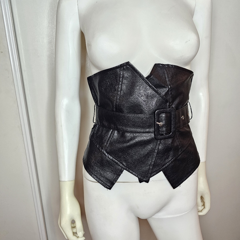 Womens Belted Faux Leather Corset Bustier Size S/M Sexy Clubwear - Picture 12 of 16